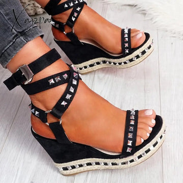Xajzpa - Women’s Daily Sandals Numy Wedge Rock Studs Platform Shoes Black / 5